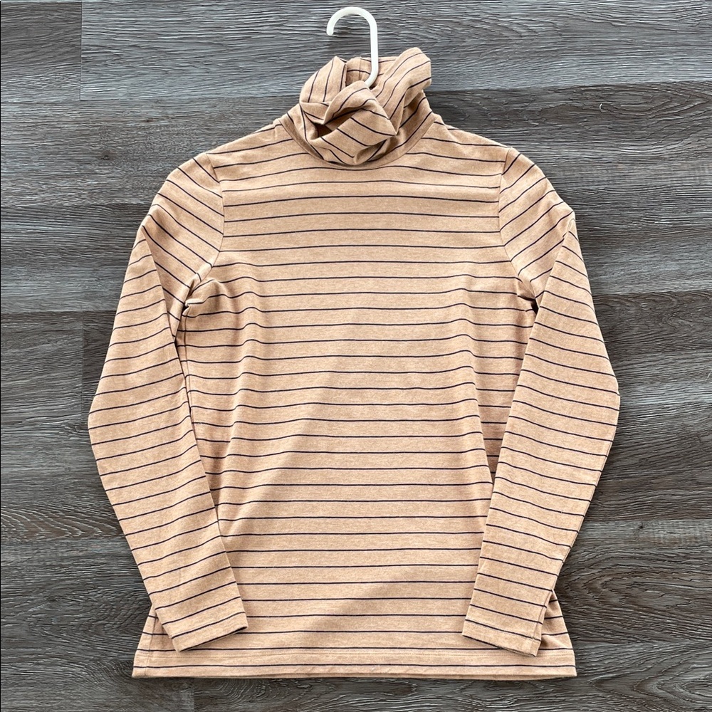 Lands’ End Fitted Turtleneck Tan and Black Striped Women's Size XS Stretch